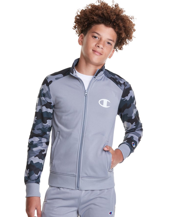 Champion Boys Jackets NZ - Camo Track C + Script Logo Light Blue ( 3946-KUFVC )